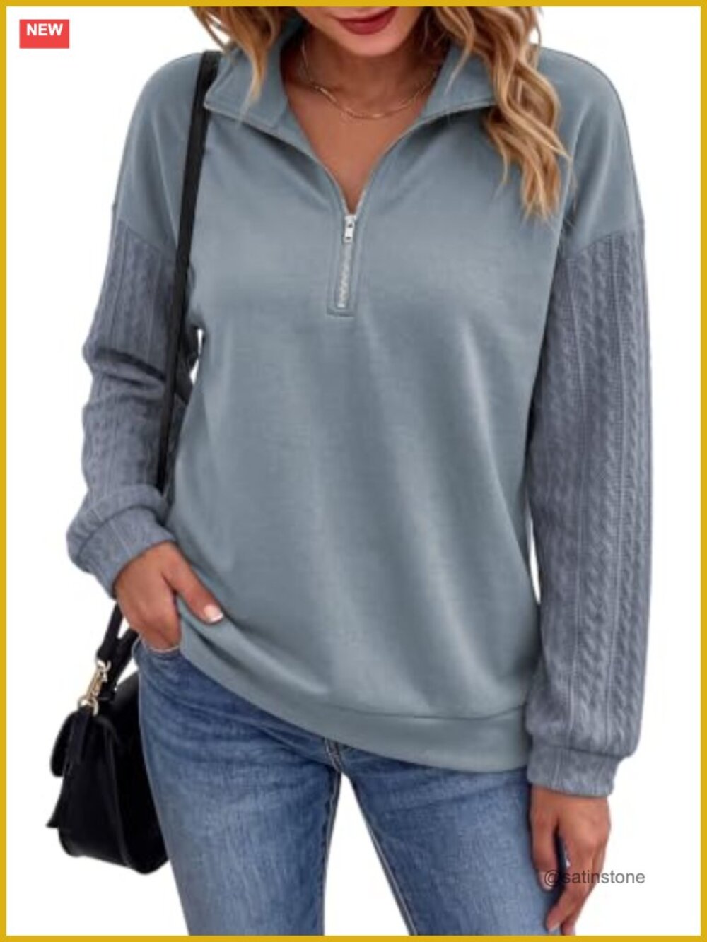 Womens Half Quarter Zip Pullover Sweatshirt Loose Fit Patchwork Long Sleeve Top